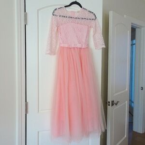 '50s Vintage Inspired Pink Tulle Long Lined Feminine Maxi Dress Halloween